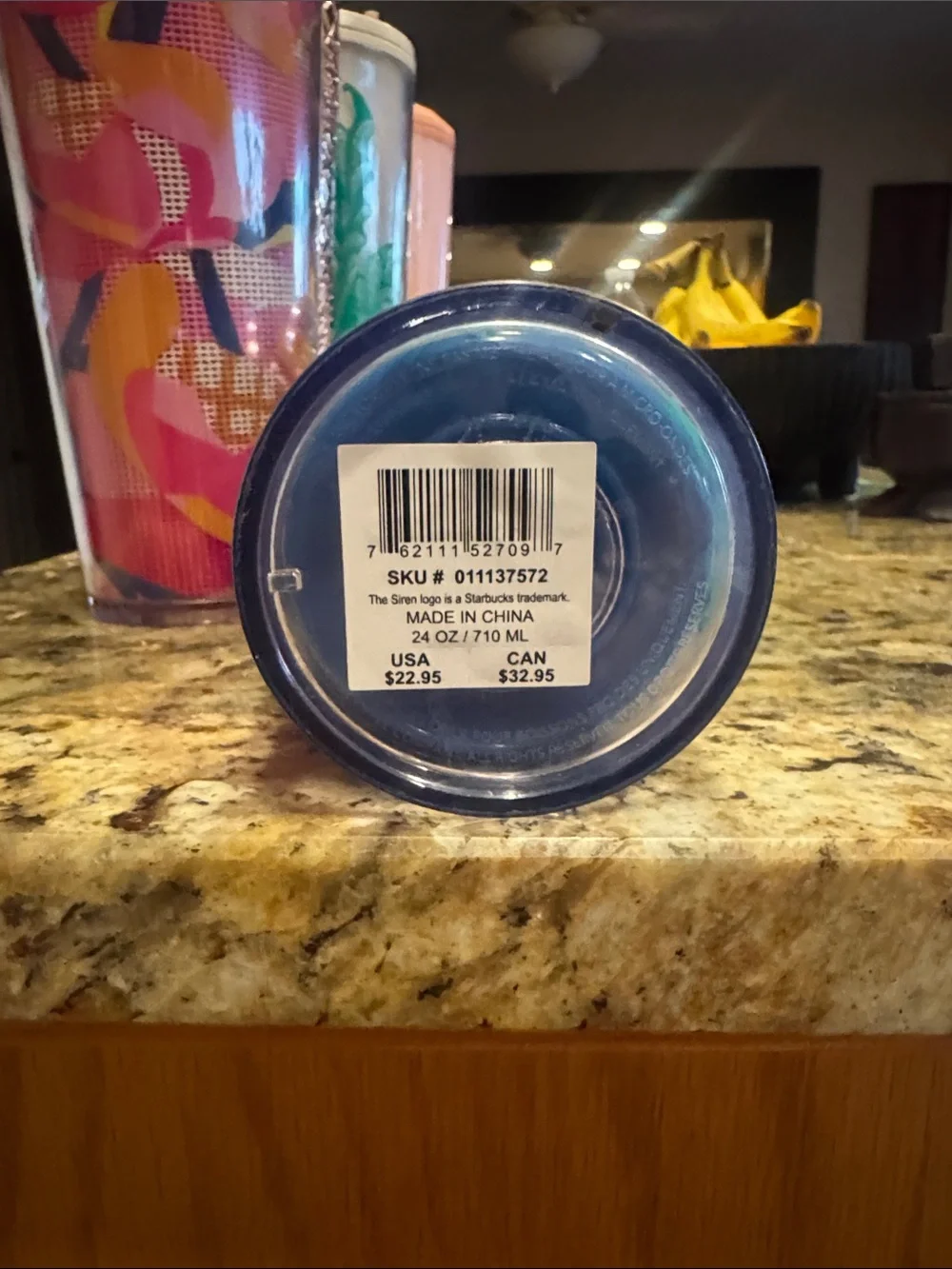 Starbucks Blue Tumbler with Green Floral Accents and Straw